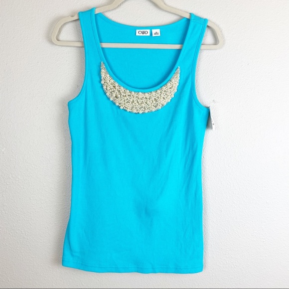 💕Cato Pearl Beaded embellished Tank Aqua Size M - Picture 2 of 8